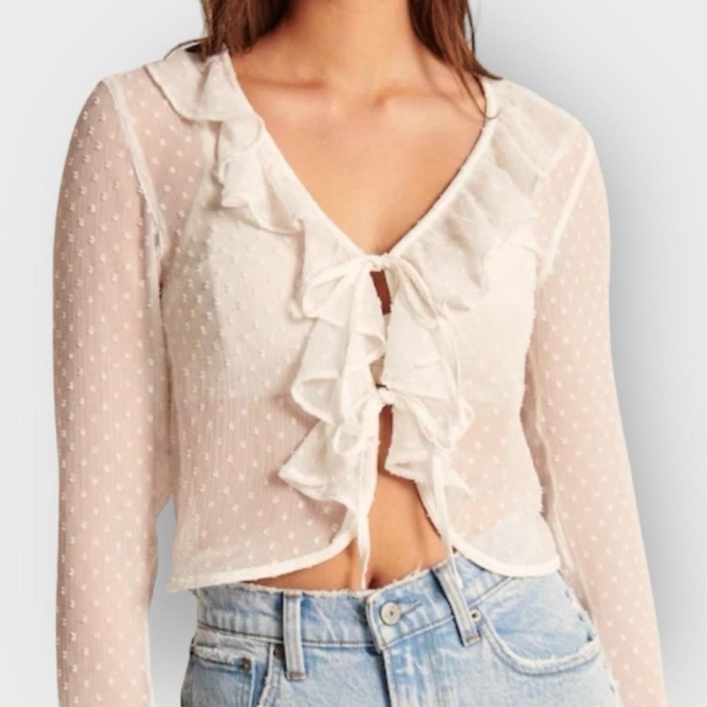New Abercrombie & fitch while polka dot tie-front ruffle mesh long sleeve small